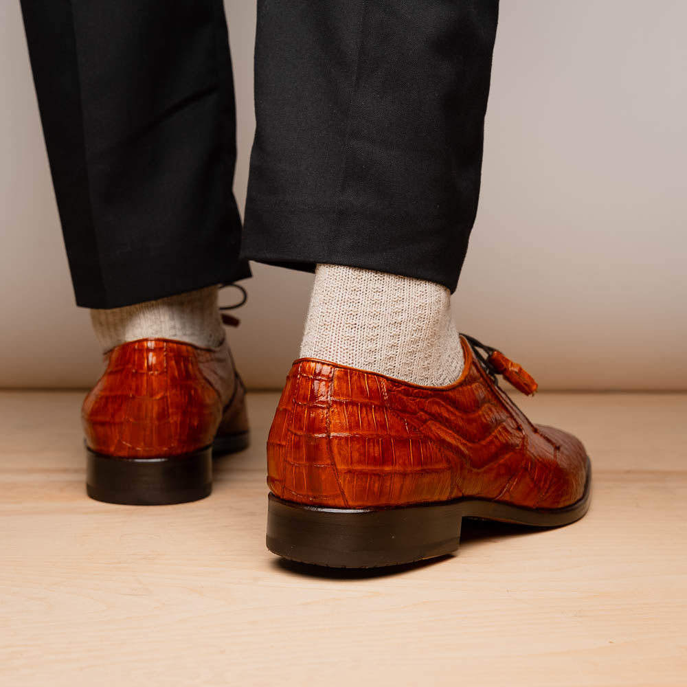 Lacio Genuine Caiman Crocodile Dress Derby's Laces Shoes Brandy