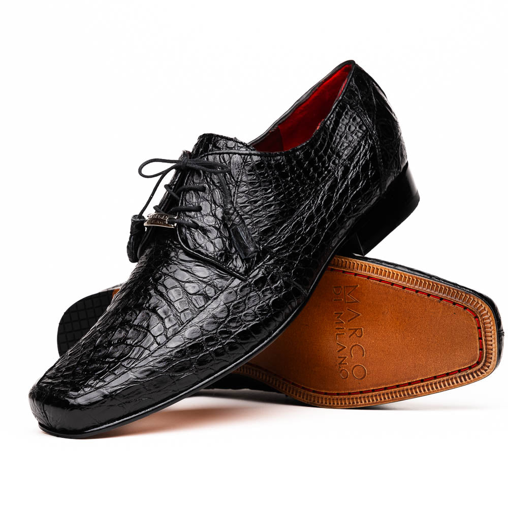 Leonardo Genuine Caiman Crocodile Dressy Derby's Shoes Lace up  Black