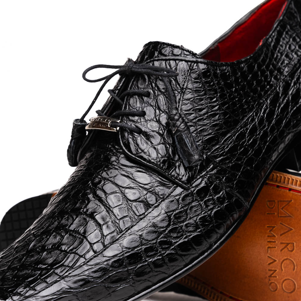Leonardo Genuine Caiman Crocodile Dressy Derby's Shoes Lace up  Black