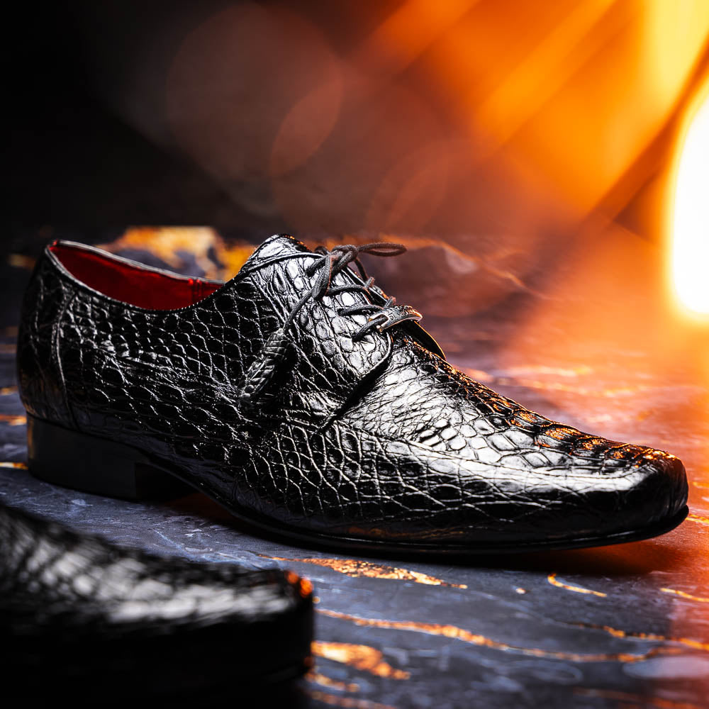 Leonardo Genuine Caiman Crocodile Dressy Derby's Shoes Lace up  Black