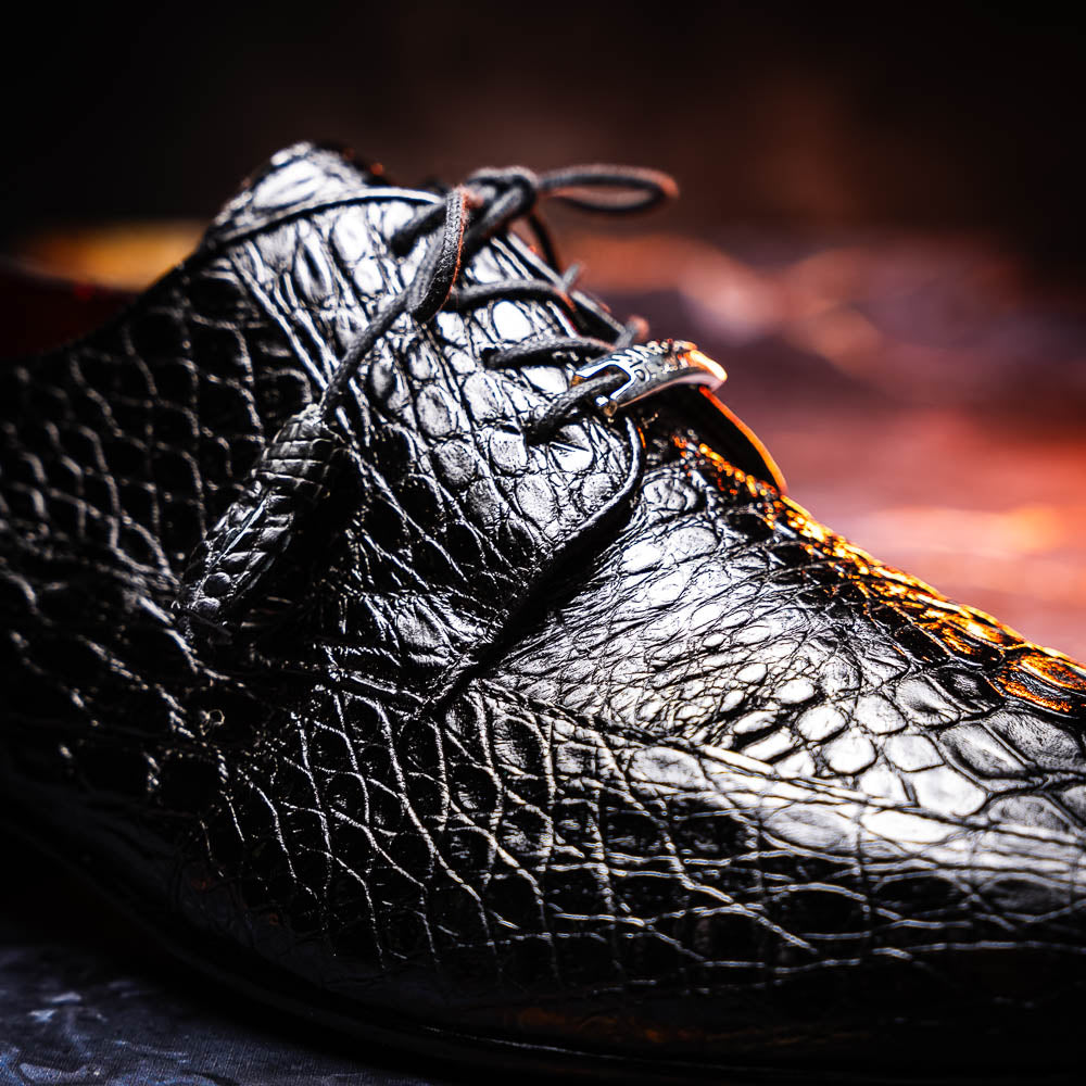 Leonardo Genuine Caiman Crocodile Dressy Derby's Shoes Lace up  Black