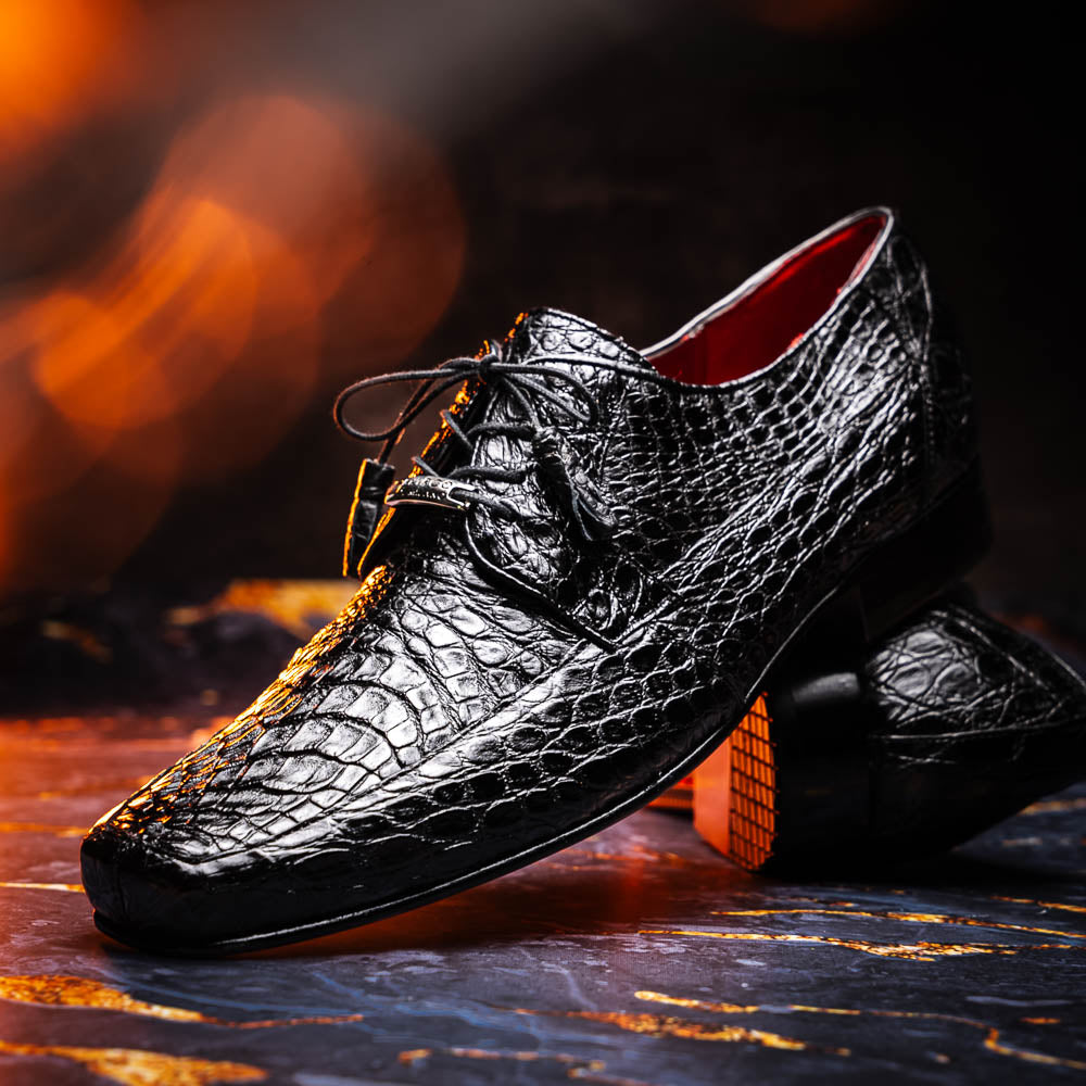 Leonardo Genuine Caiman Crocodile Dressy Derby's Shoes Lace up  Black