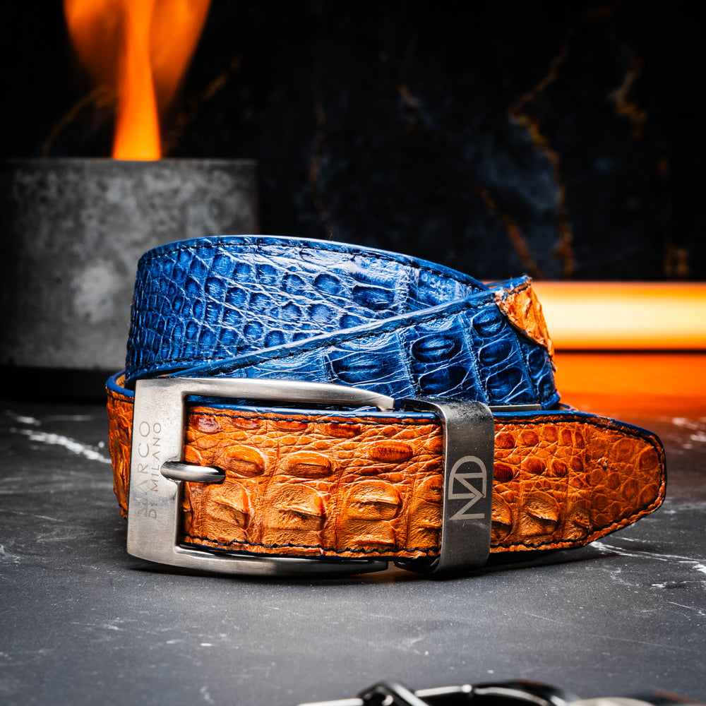 LUCIANO Genuine Caiman Back & Belly Exotic Belt Blue / Brandy