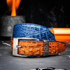 LUCIANO Genuine Caiman Back & Belly Exotic Belt Blue / Brandy