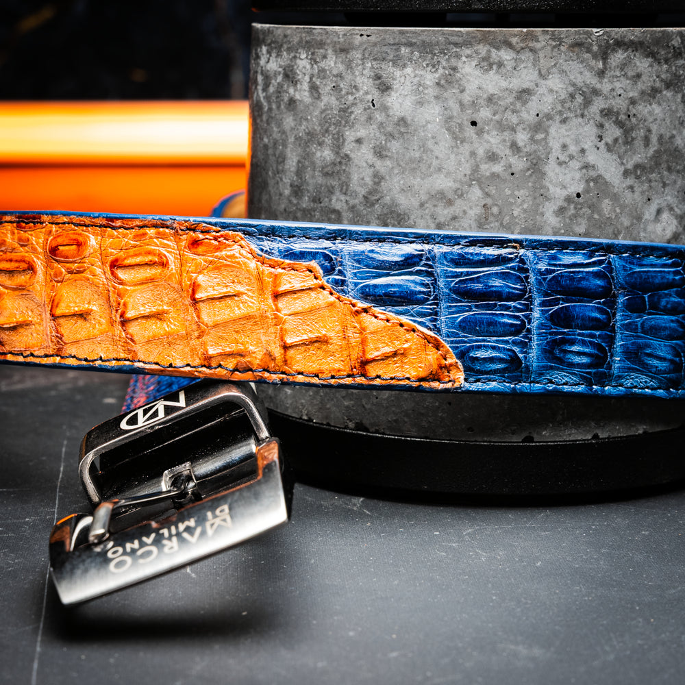 LUCIANO Genuine Caiman Back & Belly Exotic Belt Blue / Brandy