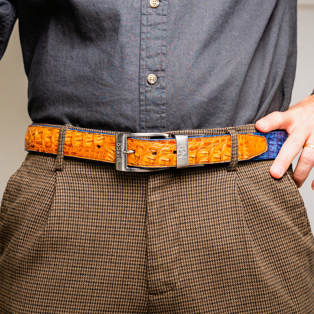 LUCIANO Genuine Caiman Back & Belly Exotic Belt Blue / Brandy