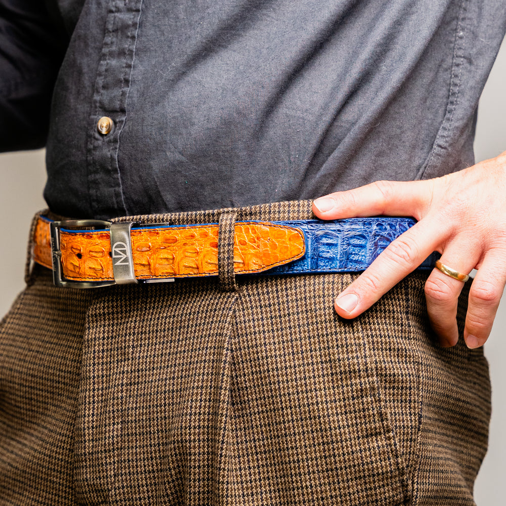 LUCIANO Genuine Caiman Back & Belly Exotic Belt Blue / Brandy