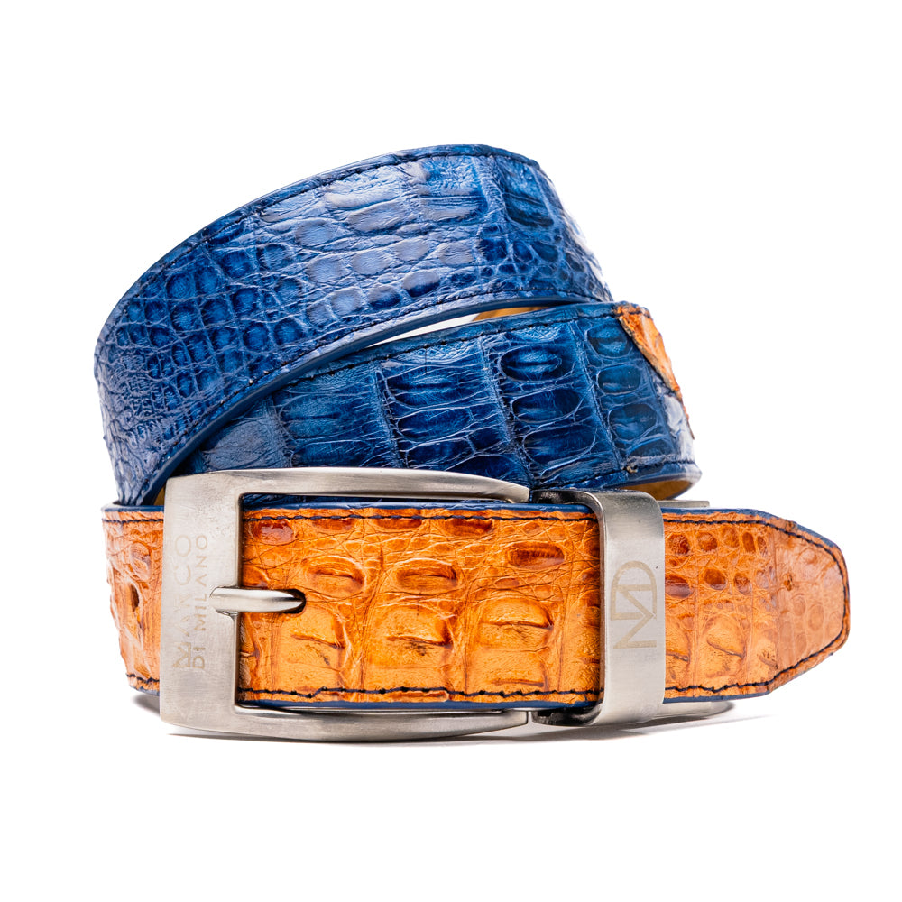 LUCIANO Genuine Caiman Back & Belly Exotic Belt Blue / Brandy