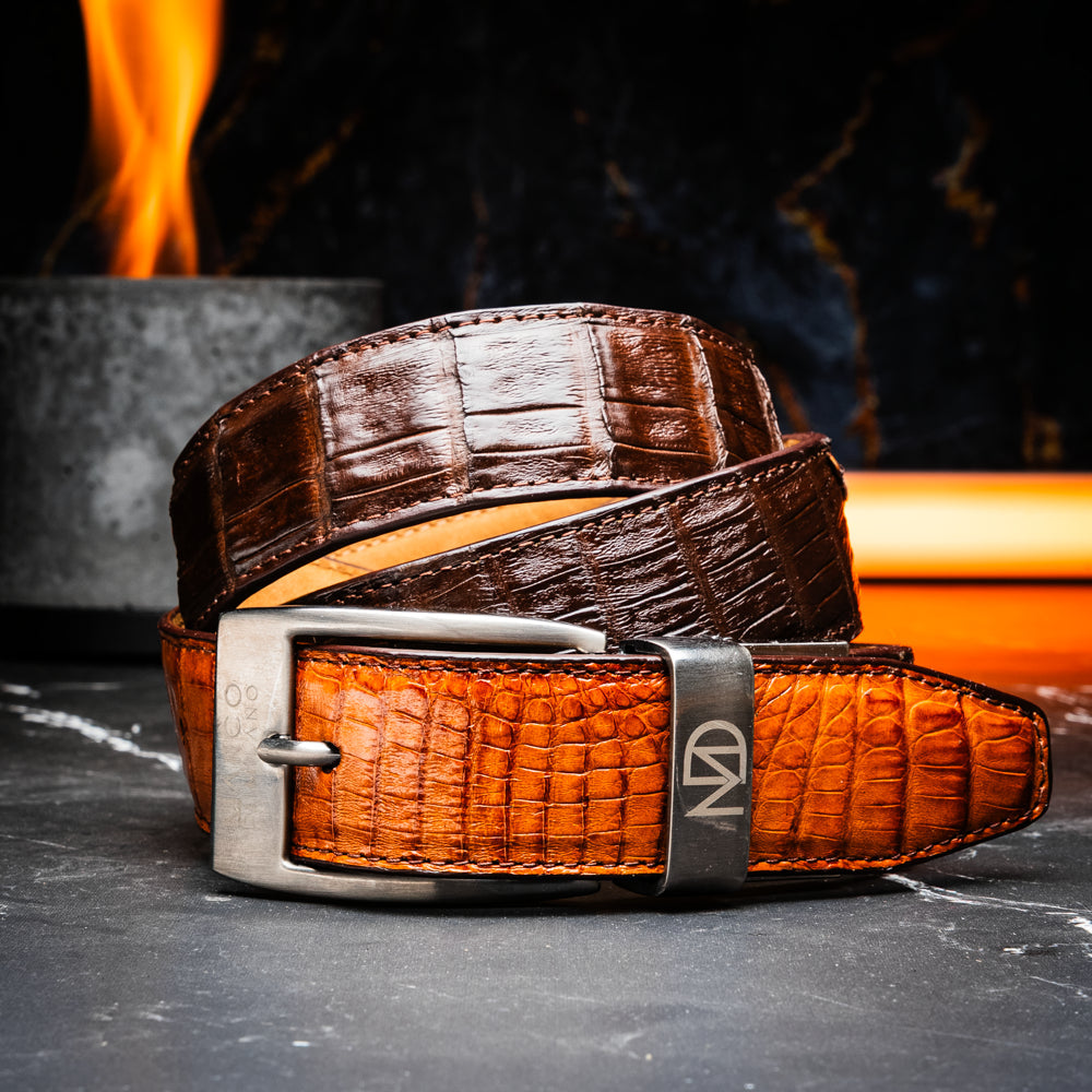 LUCIANO Genuine Caiman Back &Belly Exotic Belt Brown / Cognac
