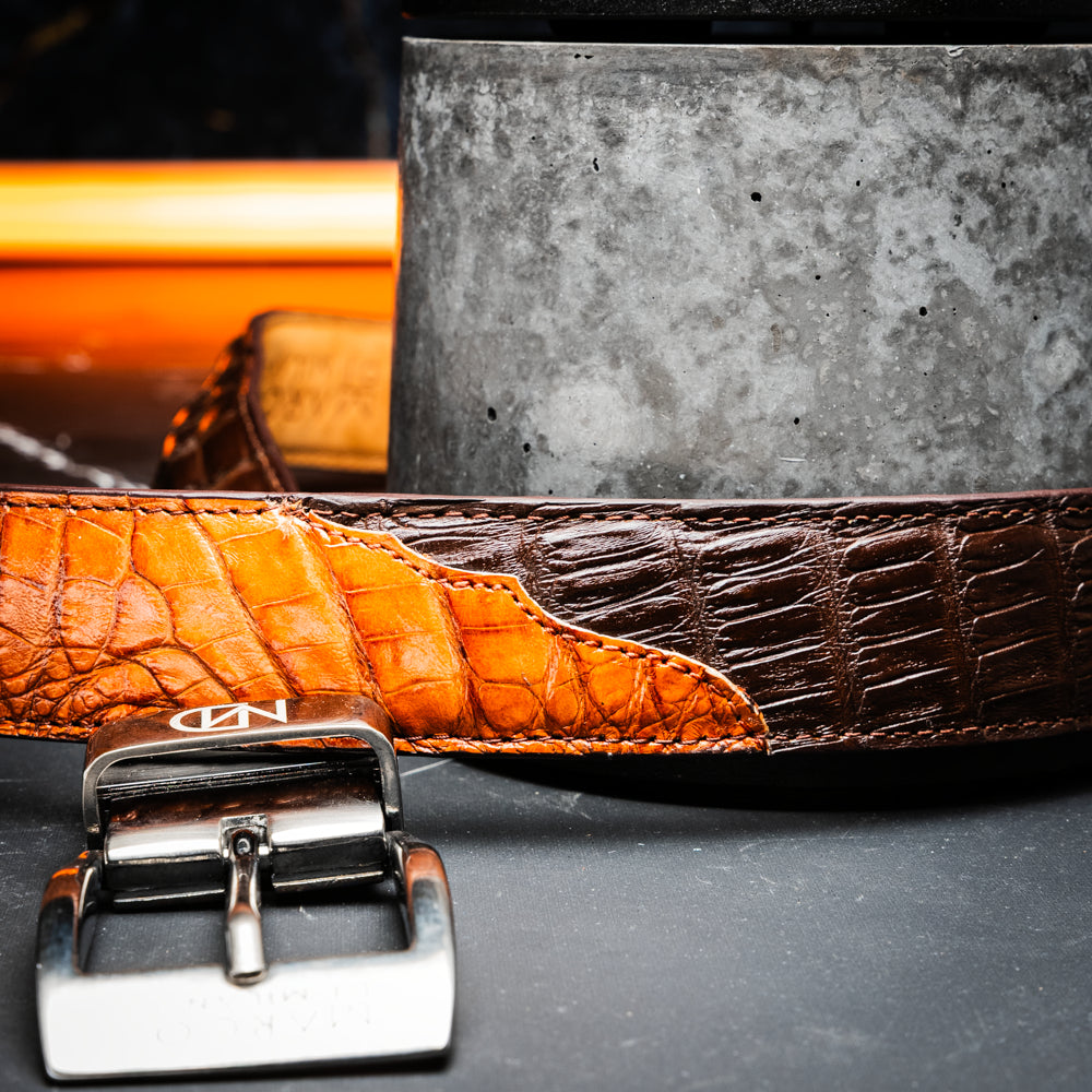 LUCIANO Genuine Caiman Back &Belly Exotic Belt Brown / Cognac