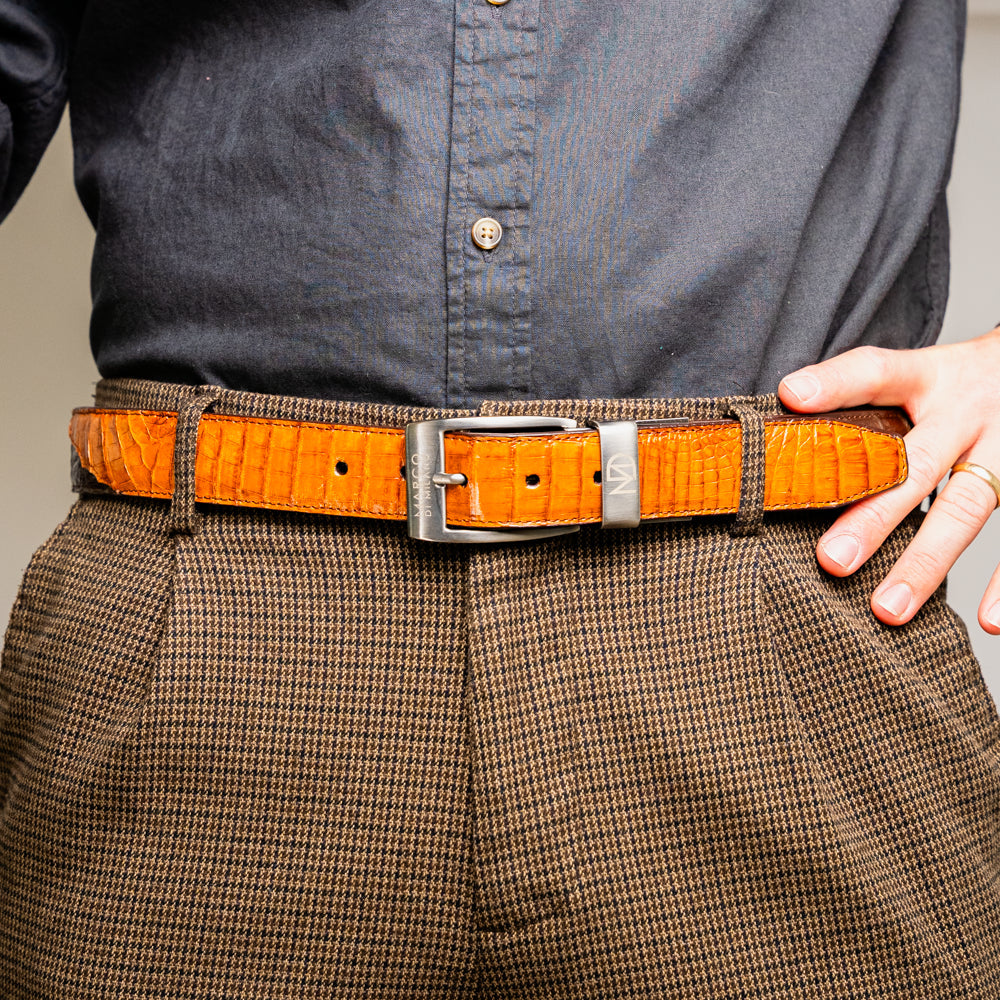 LUCIANO Genuine Caiman Back &Belly Exotic Belt Brown / Cognac