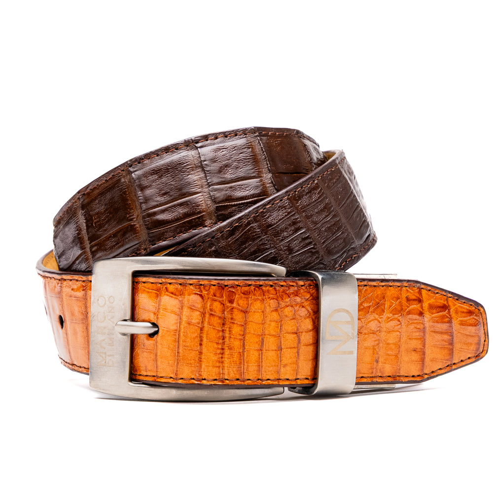 LUCIANO Genuine Caiman Back &Belly Exotic Belt Brown / Cognac
