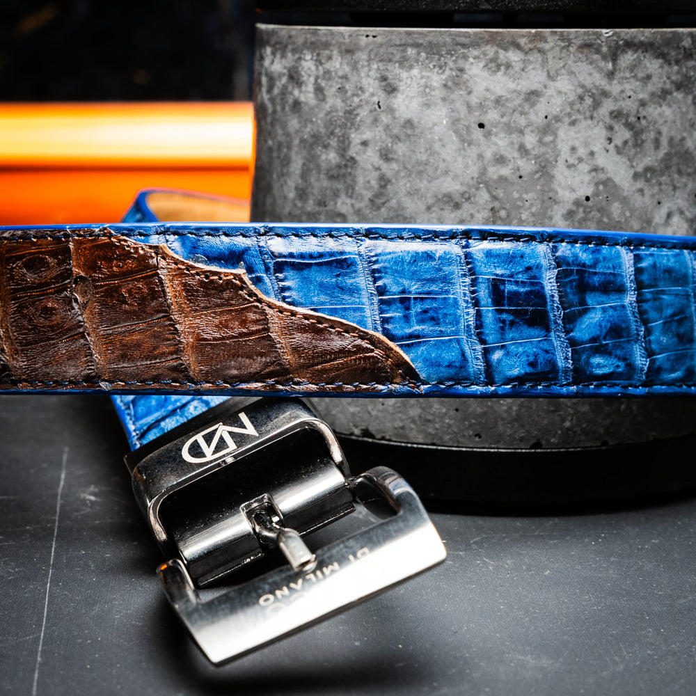Marco Di Milano Genuine Caiman Back & Belly Exotic Belt Luciano Navy / Brown