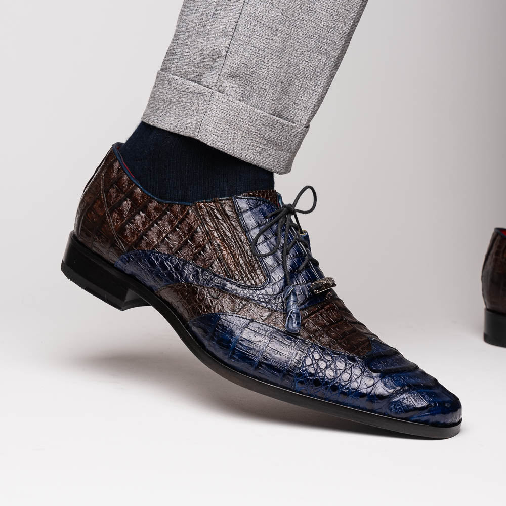 Luciano Two Tone Wingtip Dress Derby's Shoes Caiman Leather Navy / Brown