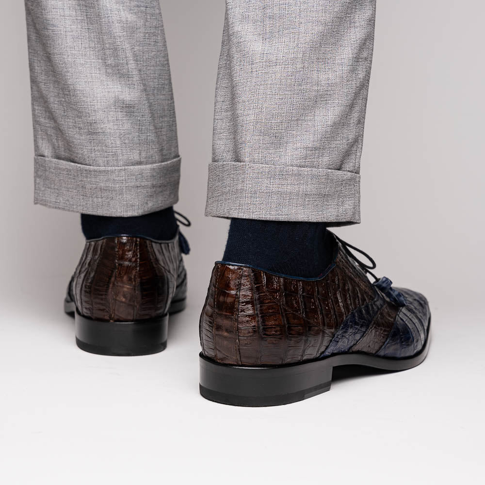 Luciano Two Tone Wingtip Dress Derby's Shoes Caiman Leather Navy / Brown