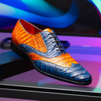 Luciano Classic Two Tone Wingtip Shoes Genuine Caiman Blue / Brandy