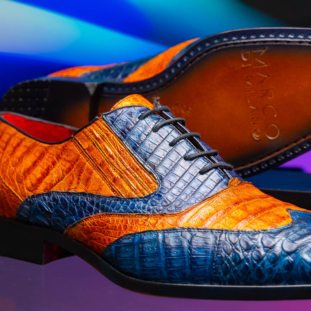 Luciano Classic Two Tone Wingtip Shoes Genuine Caiman Blue / Brandy