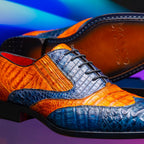Luciano Classic Two Tone Wingtip Shoes Genuine Caiman Blue / Brandy