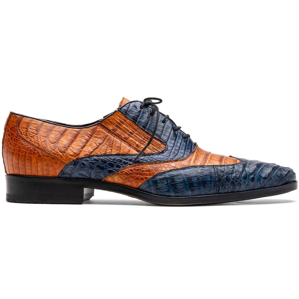 Luciano Classic Two Tone Wingtip Shoes Genuine Caiman Blue / Brandy