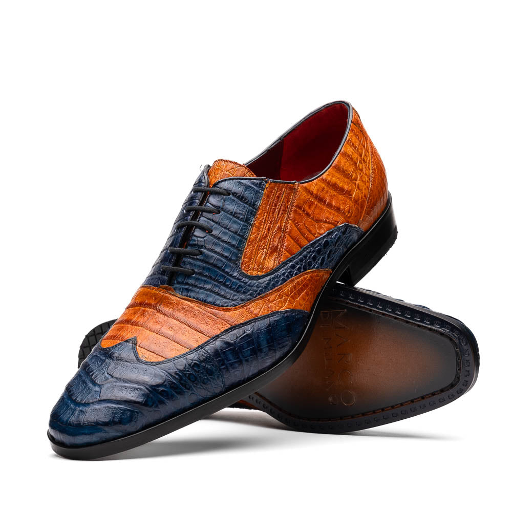 Luciano Classic Two Tone Wingtip Shoes Genuine Caiman Blue / Brandy