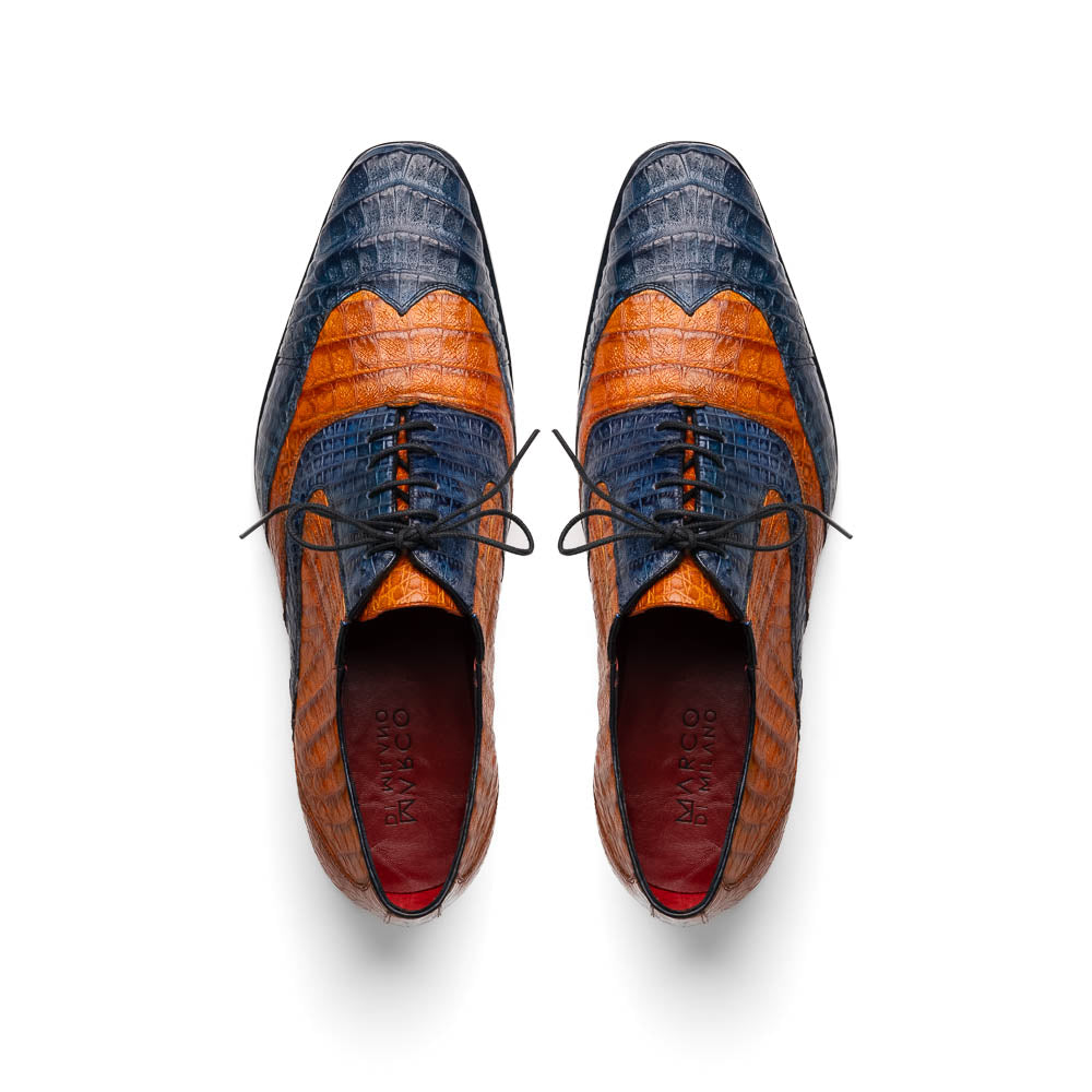 Luciano Classic Two Tone Wingtip Shoes Genuine Caiman Blue / Brandy