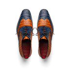 Luciano Classic Two Tone Wingtip Shoes Genuine Caiman Blue / Brandy