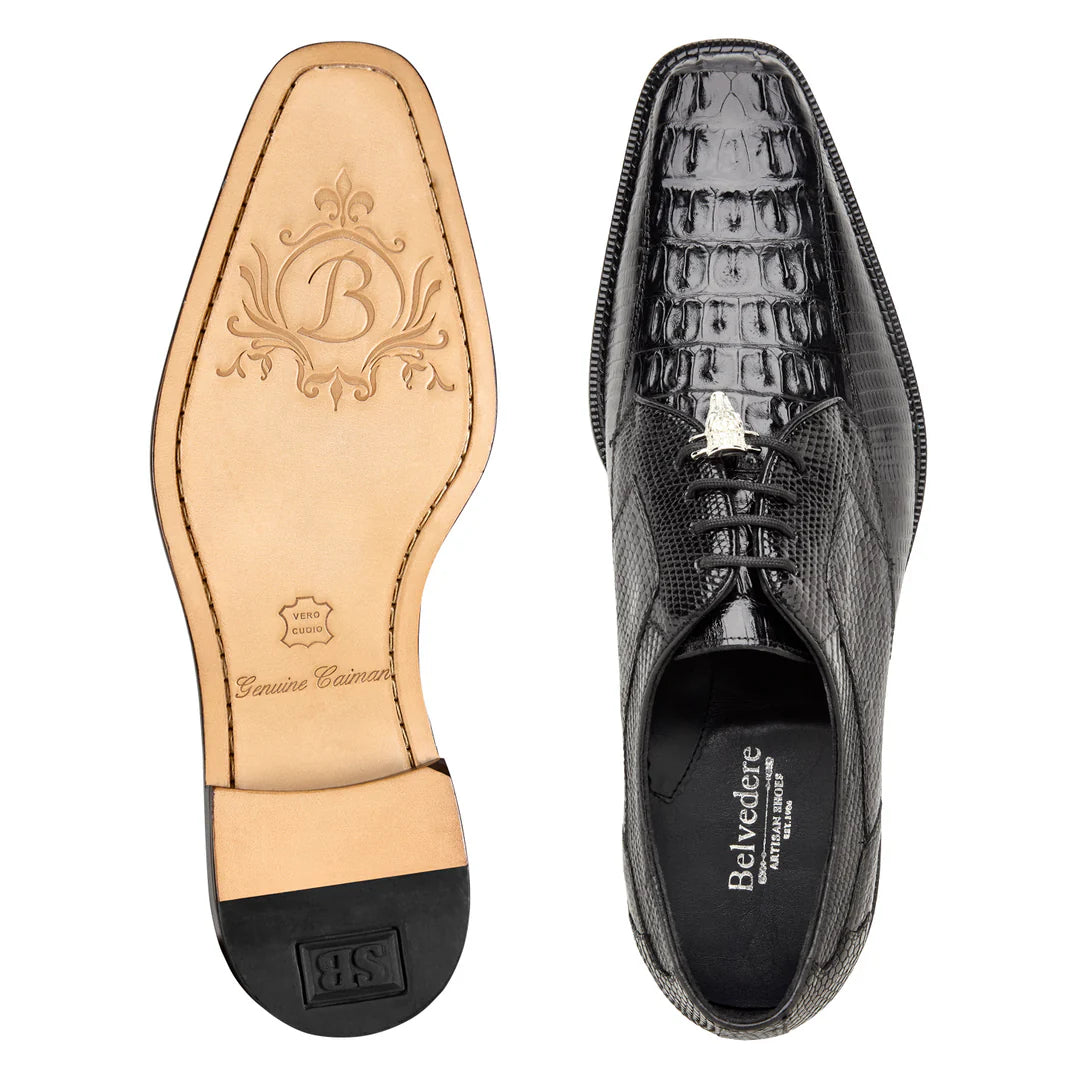Belvedere Genuine Caiman and Lizard Bicycle toe lace up Shoes Lusso Black