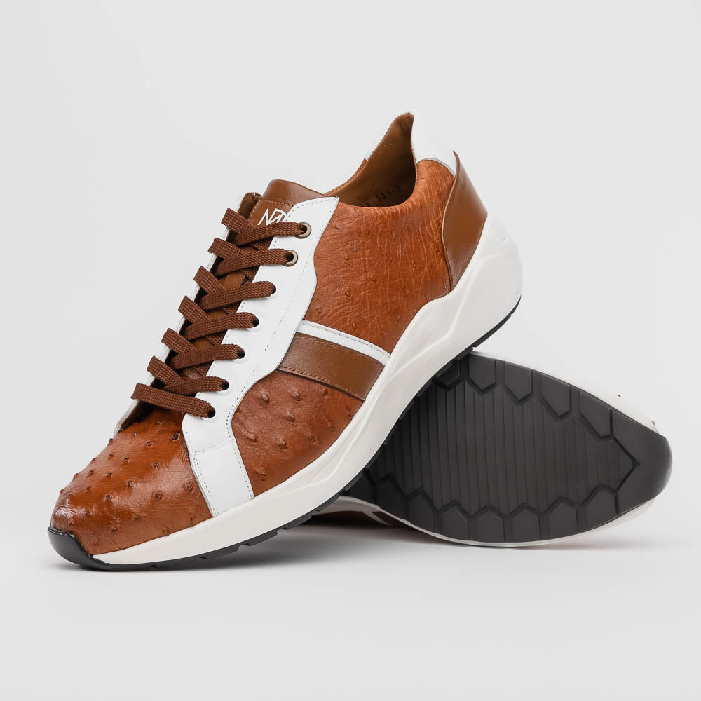 Lyon II Genuine Ostrich and Calfskin Fashion Sneaker Brandy / White