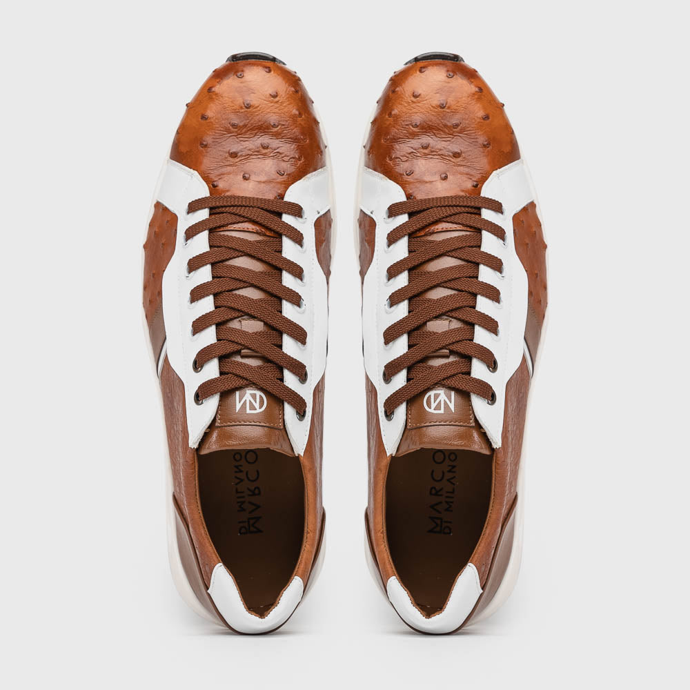 Lyon II Genuine Ostrich and Calfskin Fashion Sneaker Brandy / White