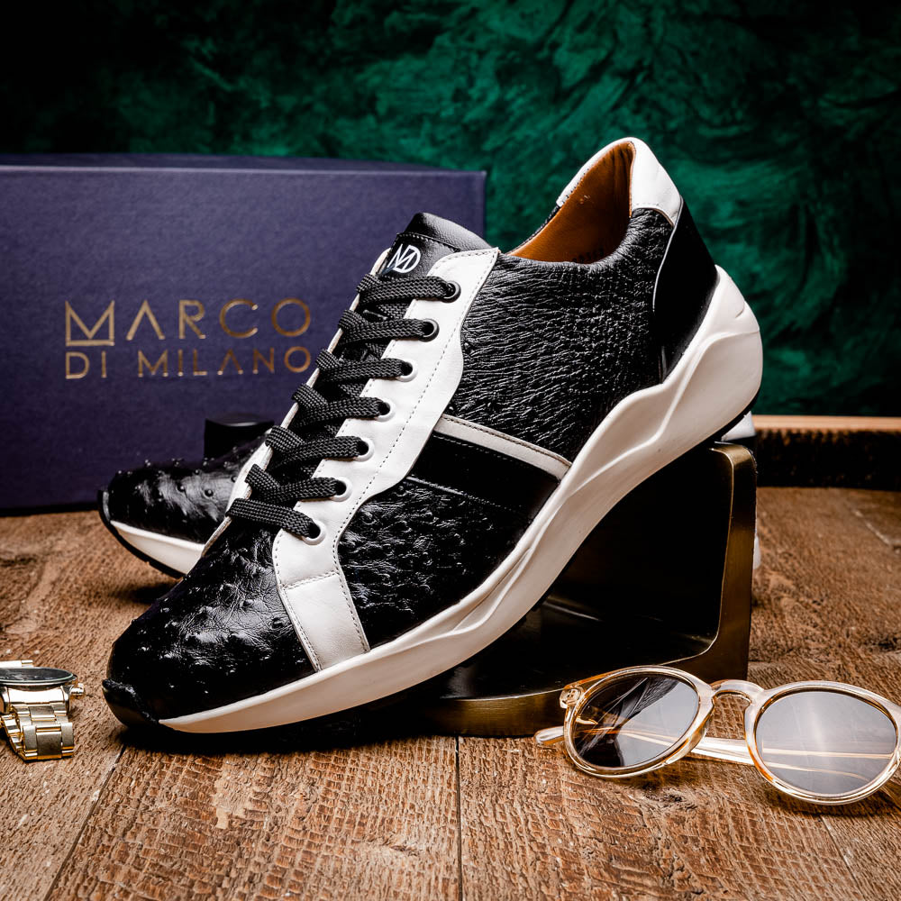 Lyon II Genuine Ostrich and Calfskin Fashion Sneaker Black / White
