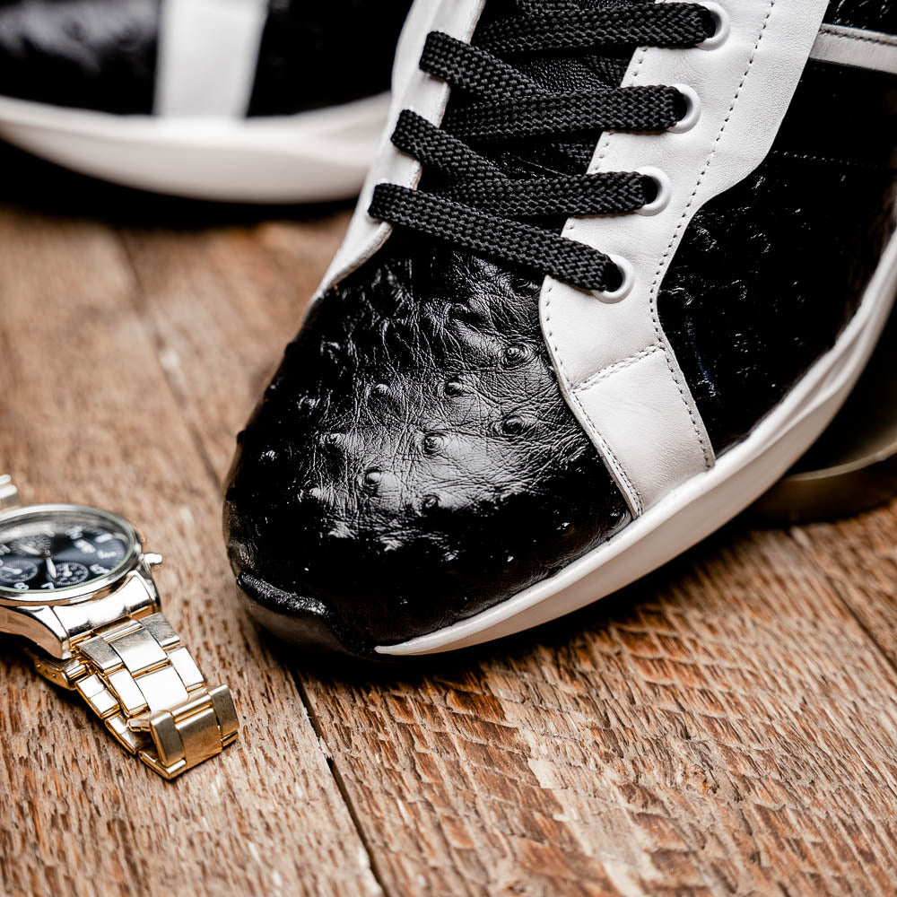 Lyon II Genuine Ostrich and Calfskin Fashion Sneaker Black / White