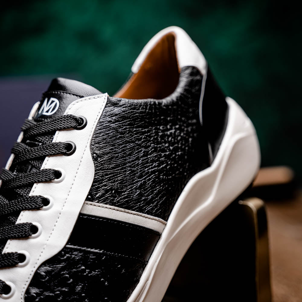 Lyon II Genuine Ostrich and Calfskin Fashion Sneaker Black / White