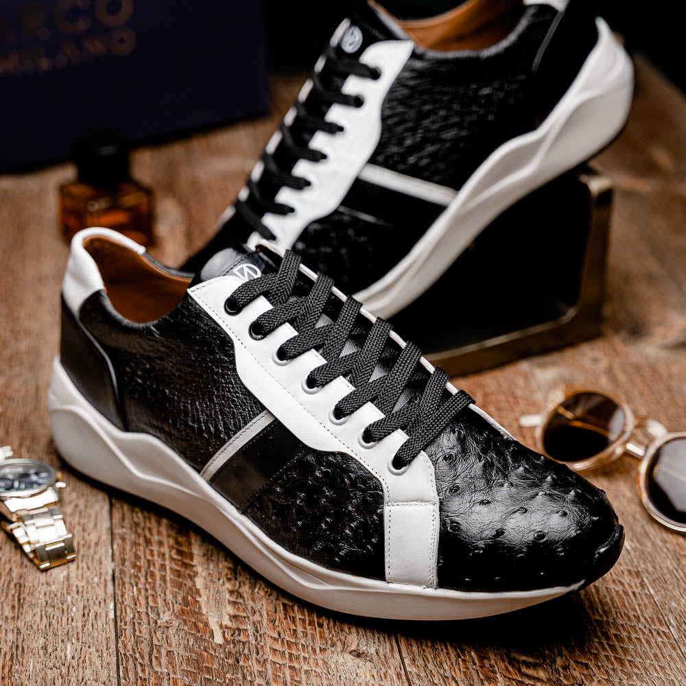 Lyon II Genuine Ostrich and Calfskin Fashion Sneaker Black / White
