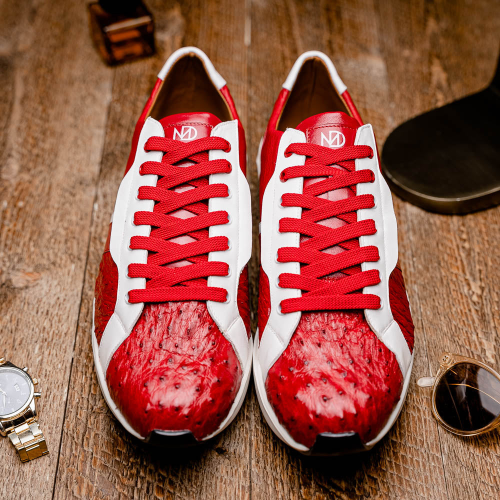 Lyon II Genuine Ostrich and Calfskin Fashion Sneaker Red / White