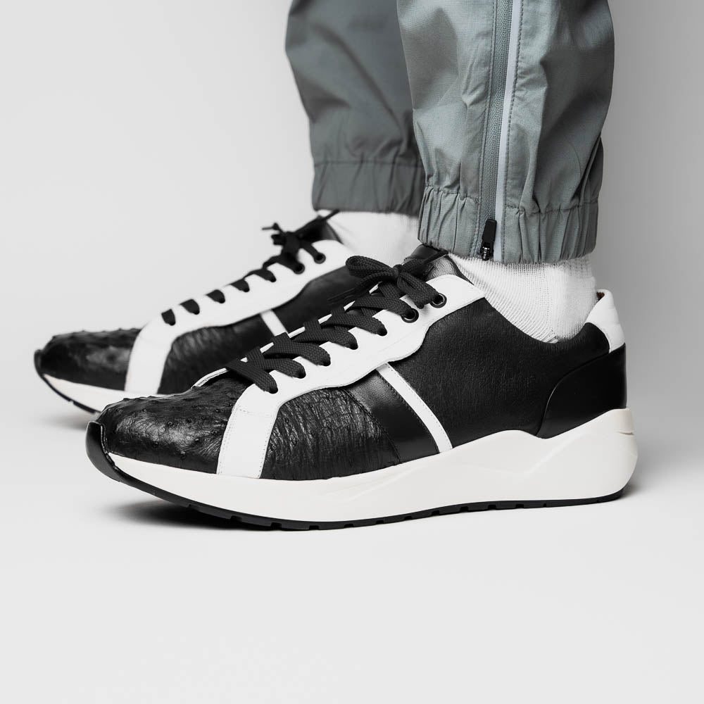 Lyon II Genuine Ostrich and Calfskin Fashion Sneaker Black / White