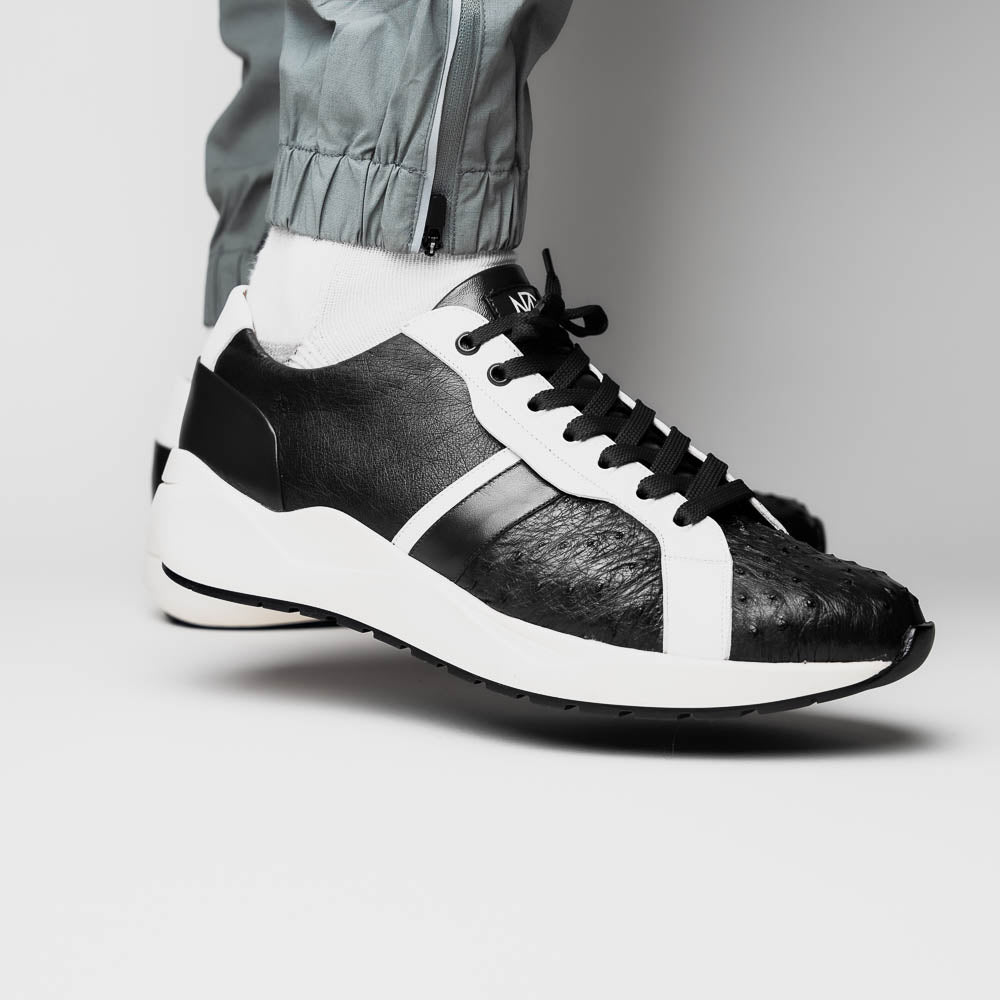 Lyon II Genuine Ostrich and Calfskin Fashion Sneaker Black / White