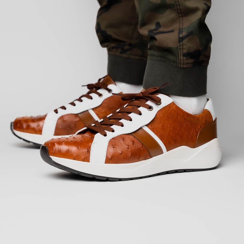 Lyon II Genuine Ostrich and Calfskin Fashion Sneaker Brandy / White