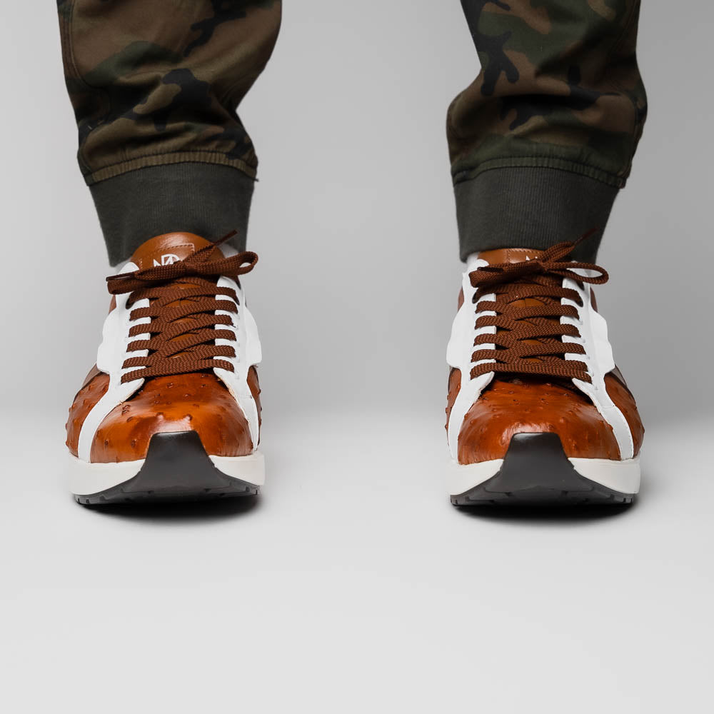 Lyon II Genuine Ostrich and Calfskin Fashion Sneaker Brandy / White