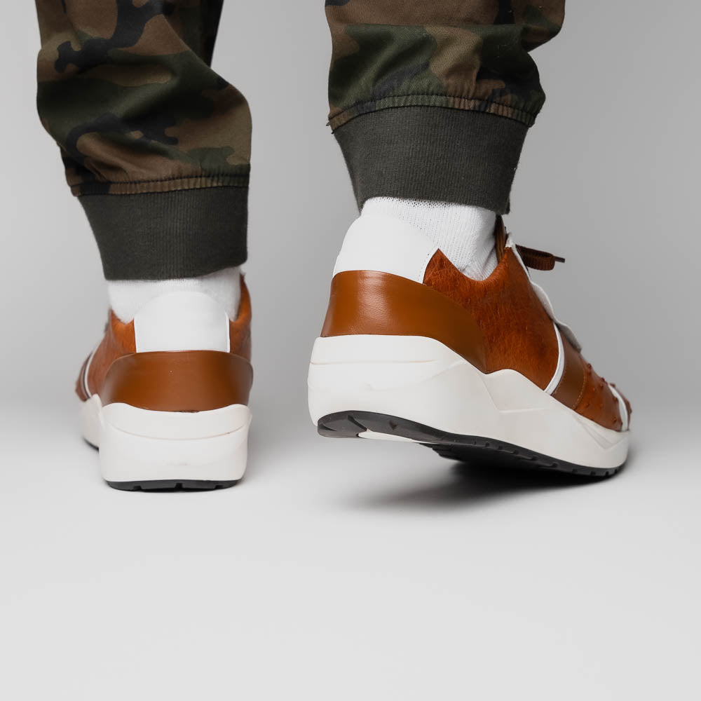 Lyon II Genuine Ostrich and Calfskin Fashion Sneaker Brandy / White