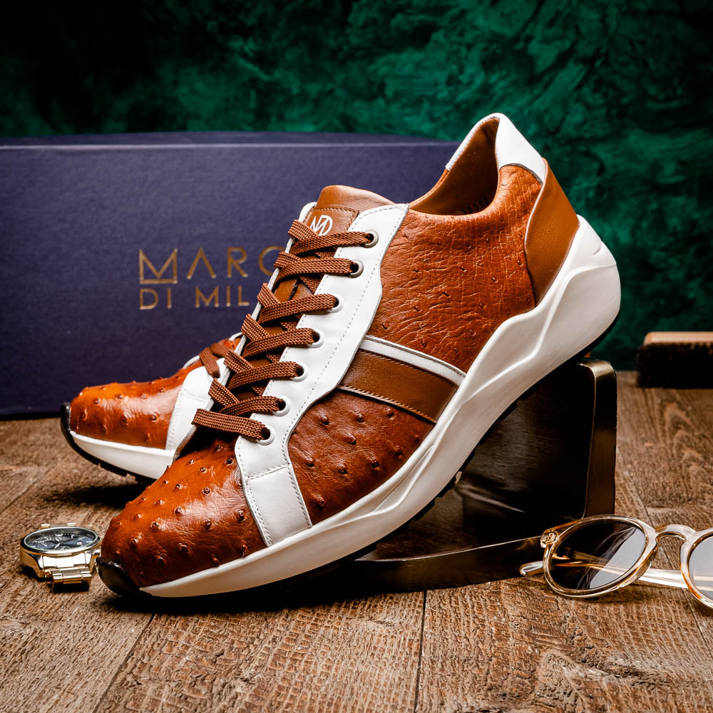Lyon II Genuine Ostrich and Calfskin Fashion Sneaker Brandy / White