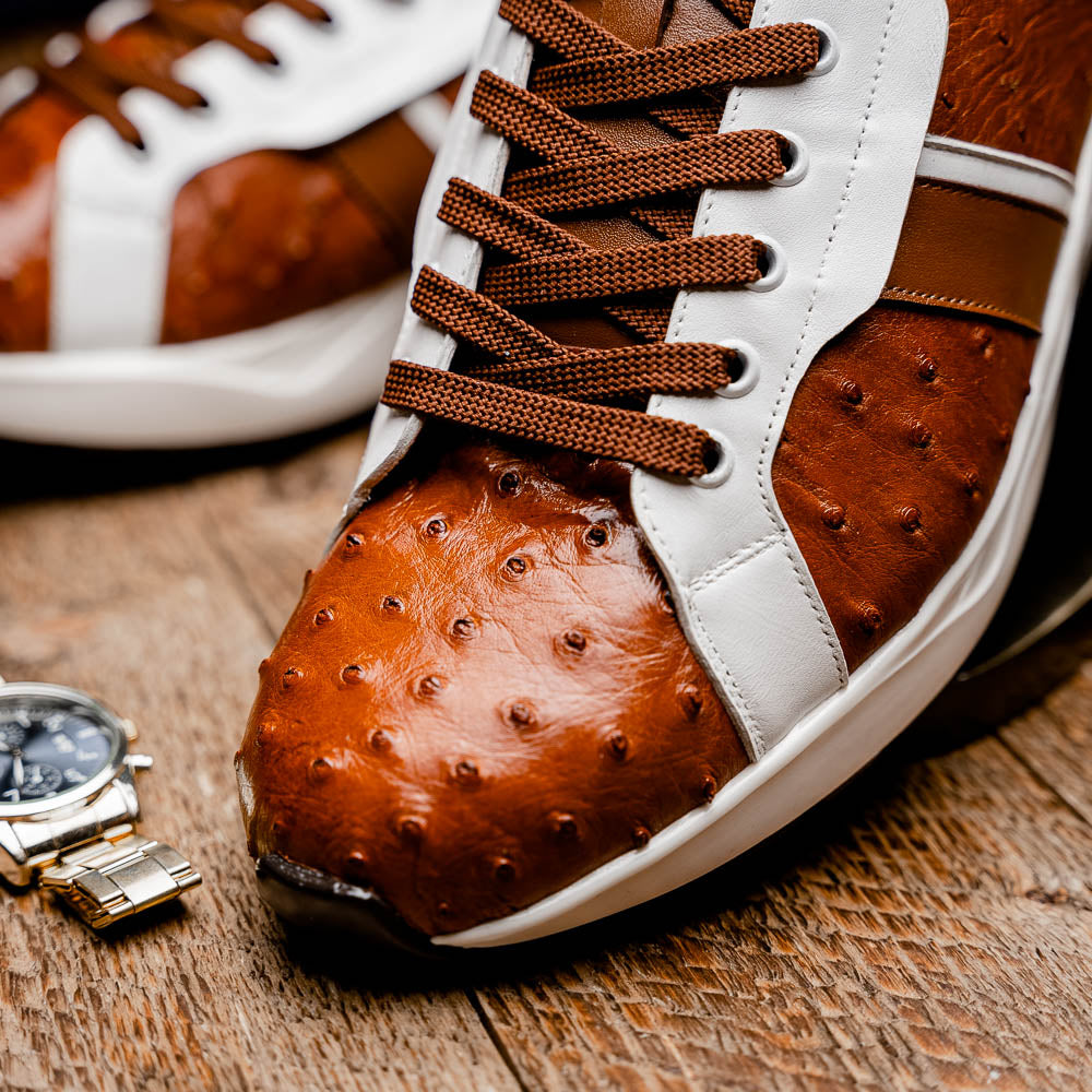 Lyon II Genuine Ostrich and Calfskin Fashion Sneaker Brandy / White