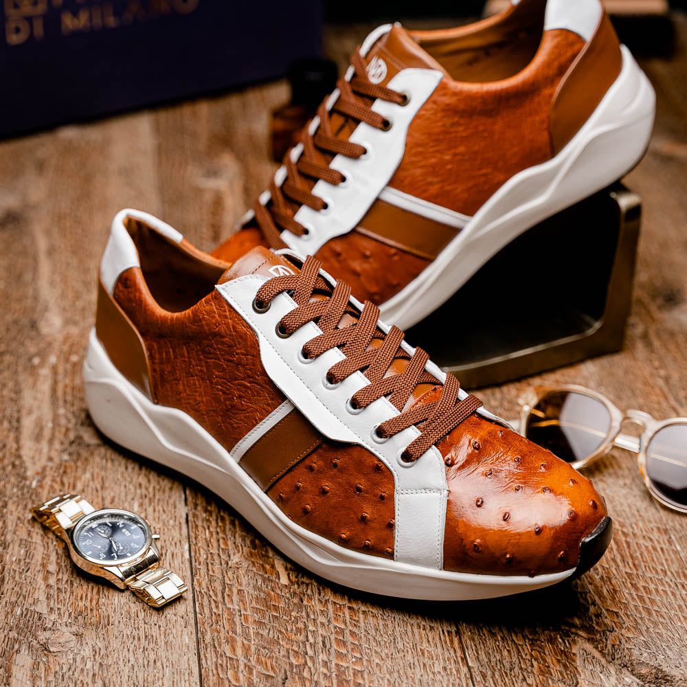 Lyon II Genuine Ostrich and Calfskin Fashion Sneaker Brandy / White