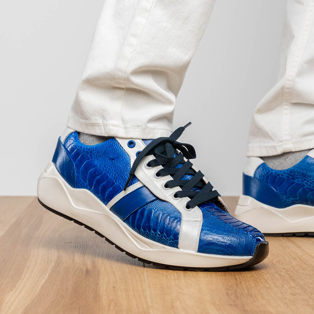 Lyon Genuine Ostrich Classic Calfskin Fashion Sneaker Blue / White