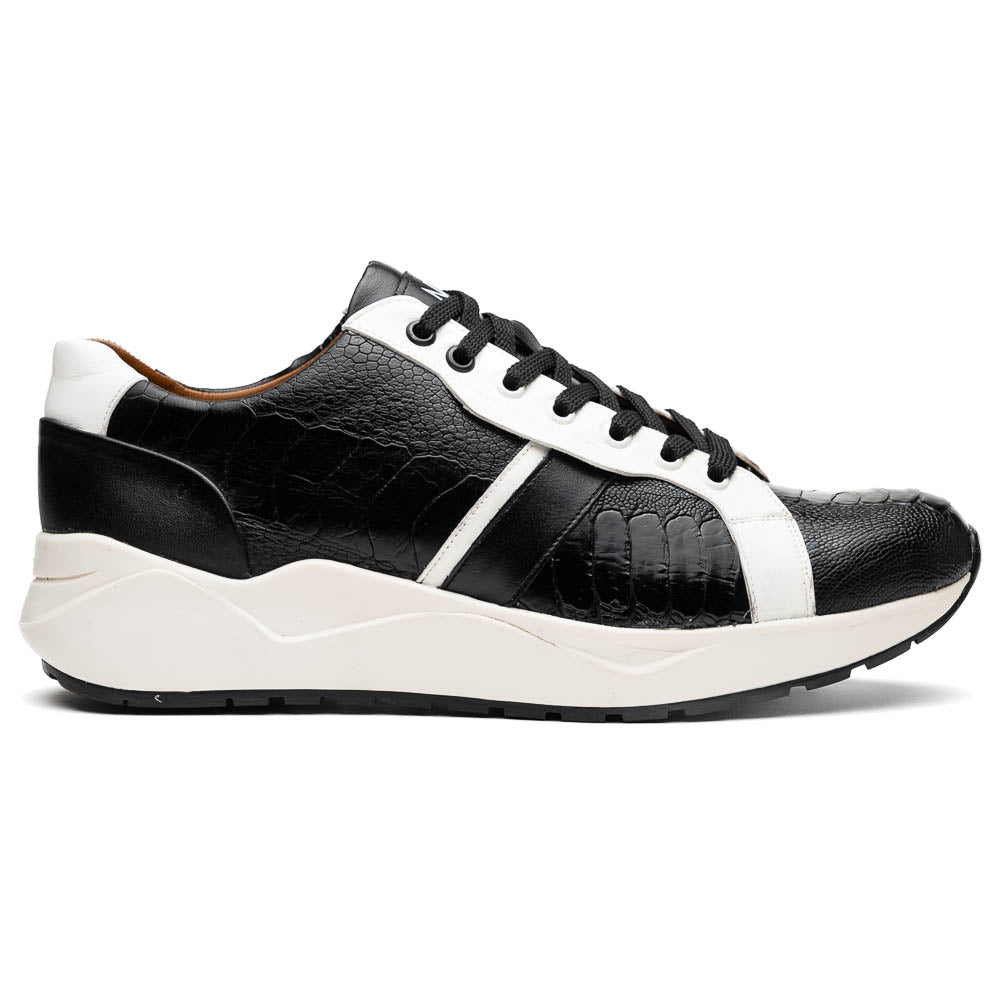 Lyon Genuine Ostrich and Classic Calfskin Fashion Sneaker Black / White