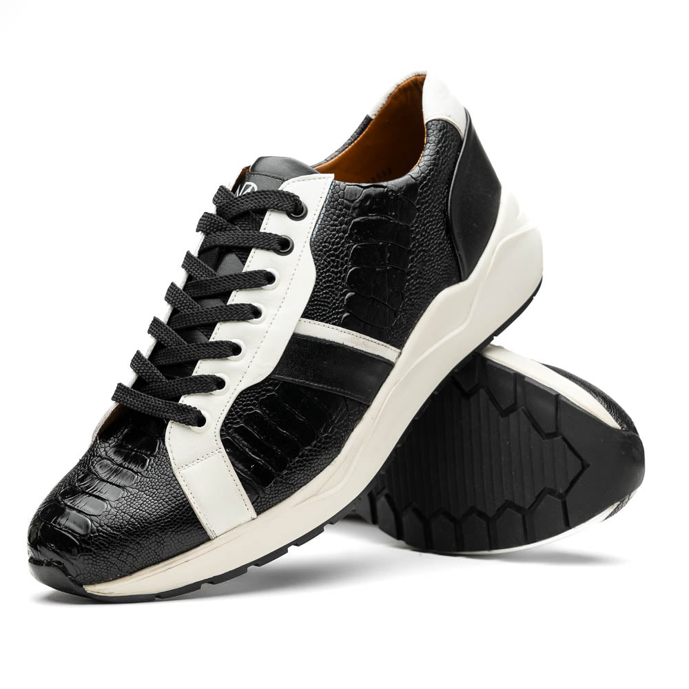 Lyon Genuine Ostrich and Classic Calfskin Fashion Sneaker Black / White