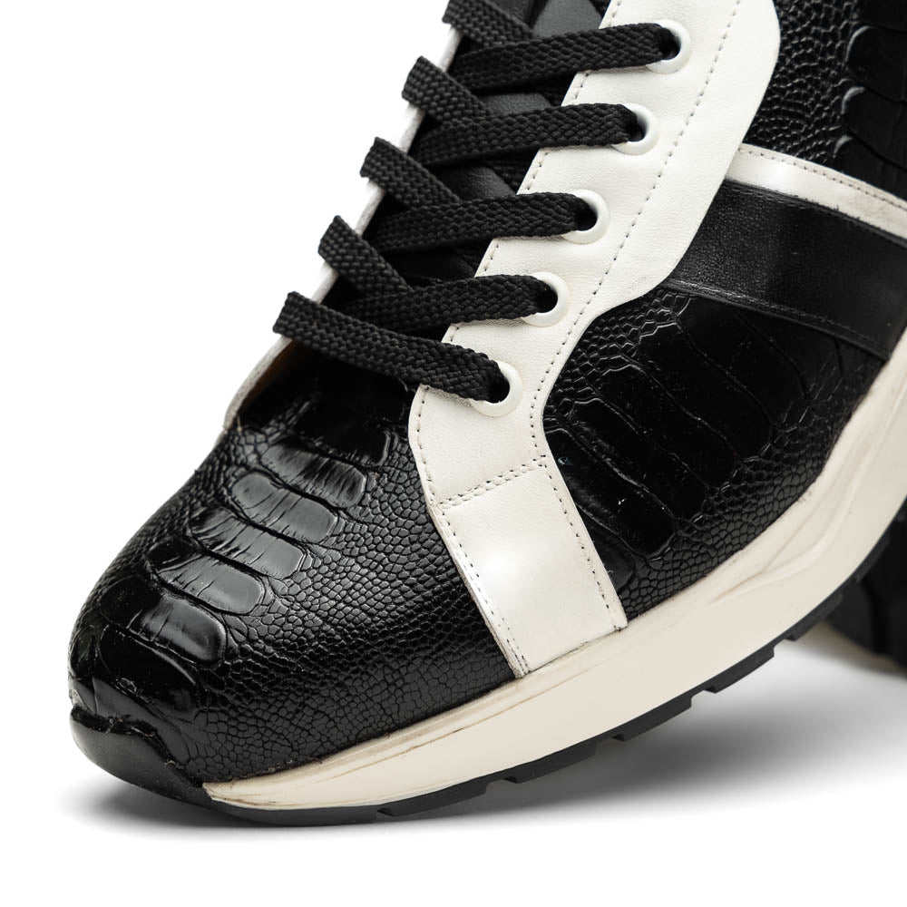 Lyon Genuine Ostrich and Classic Calfskin Fashion Sneaker Black / White