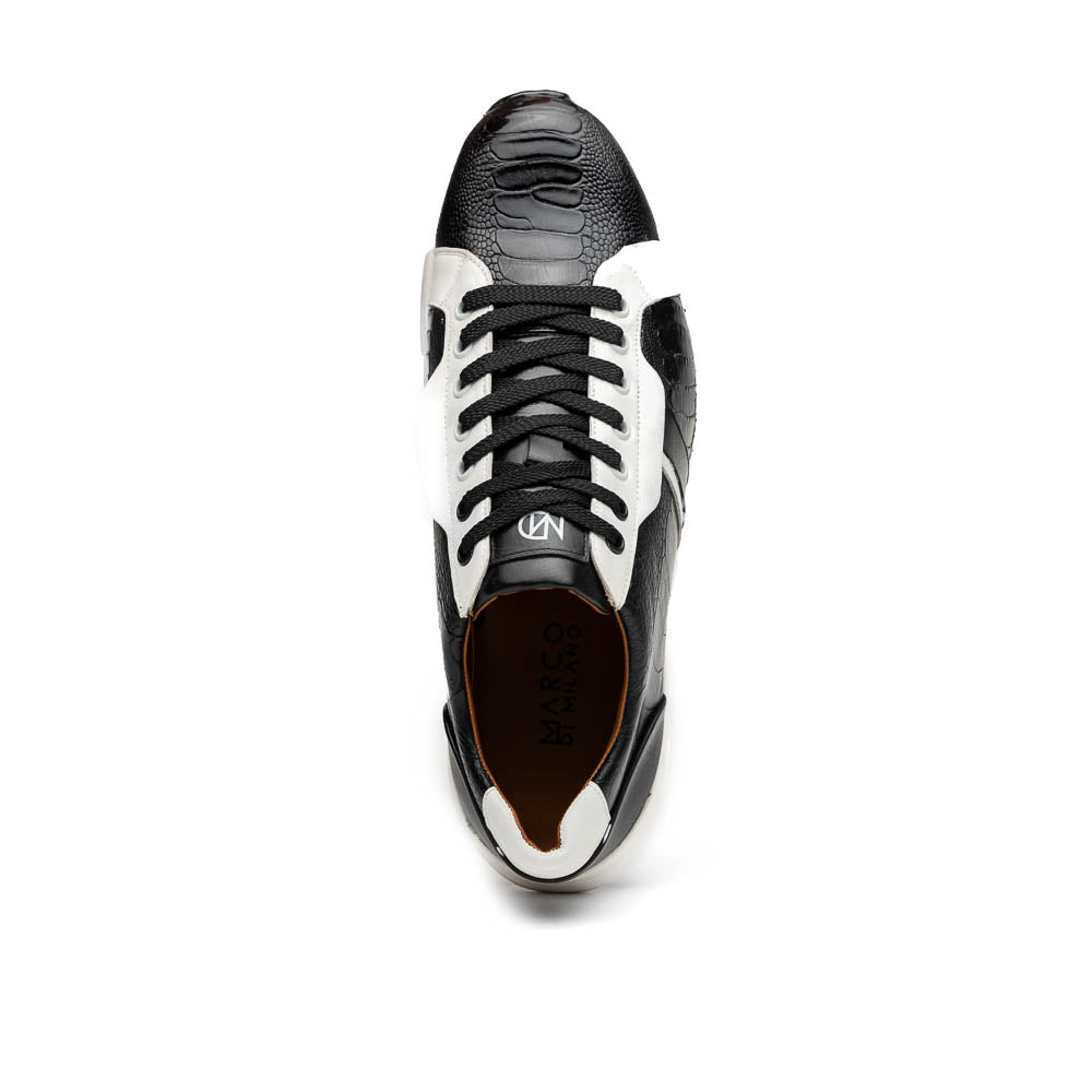 Lyon Genuine Ostrich and Classic Calfskin Fashion Sneaker Black / White