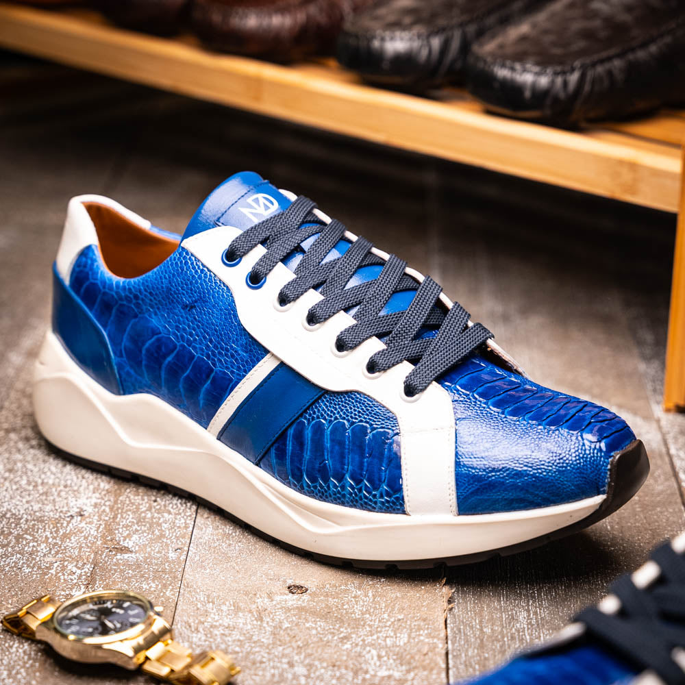Lyon Genuine Ostrich Classic Calfskin Fashion Sneaker Blue / White