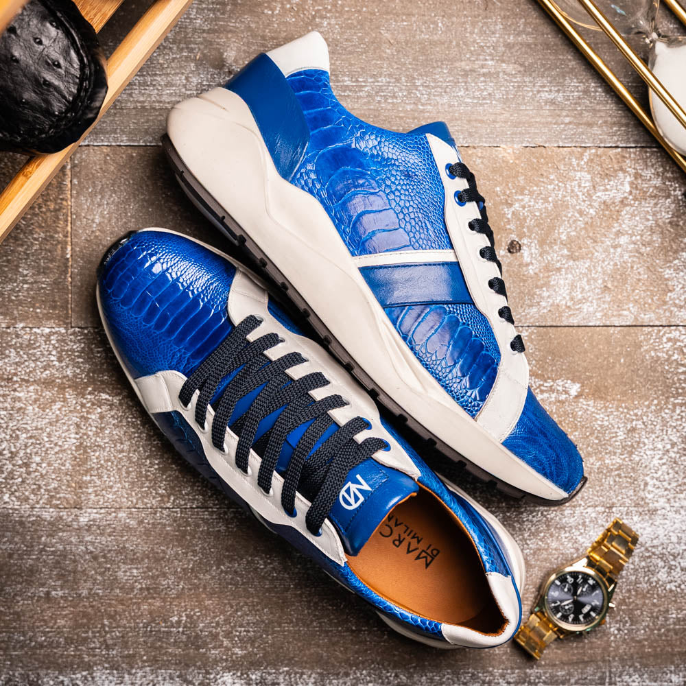Lyon Genuine Ostrich Classic Calfskin Fashion Sneaker Blue / White