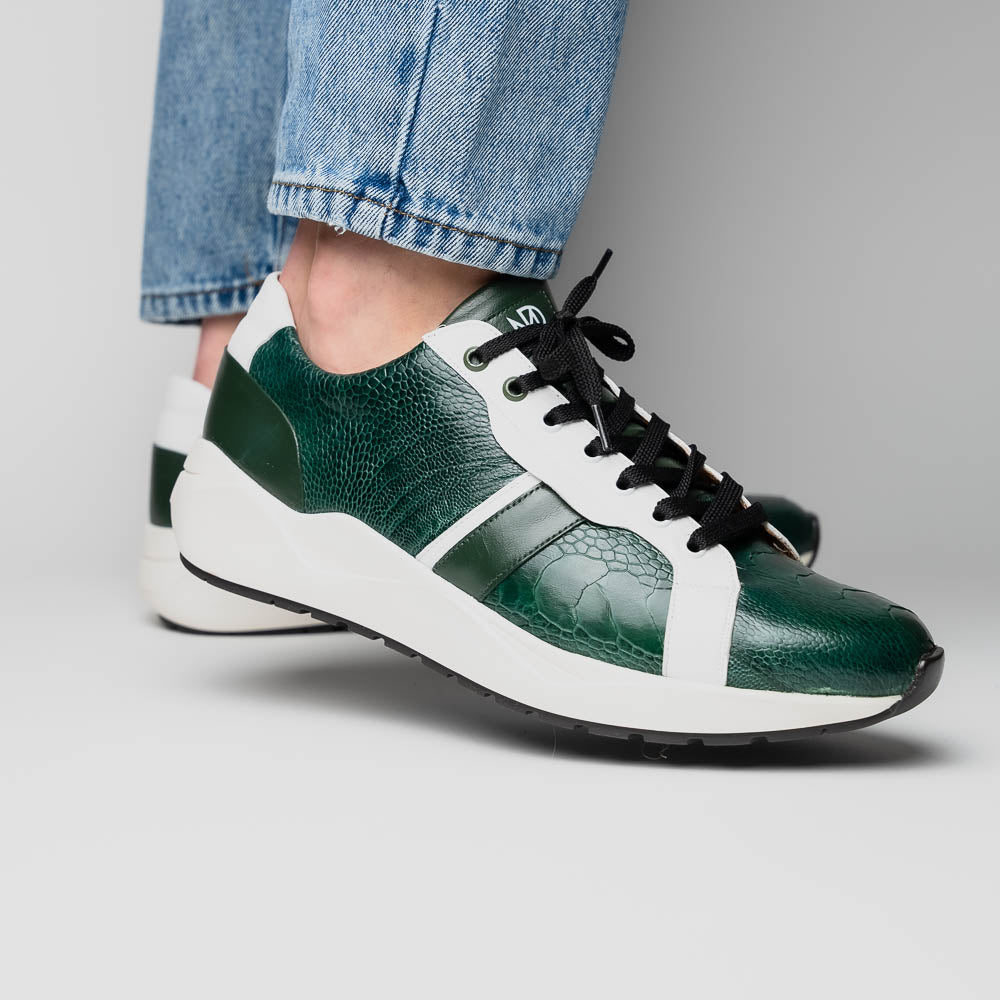 Lyon Genuine Ostrich and Calfskin Fashion Sneaker Green / White